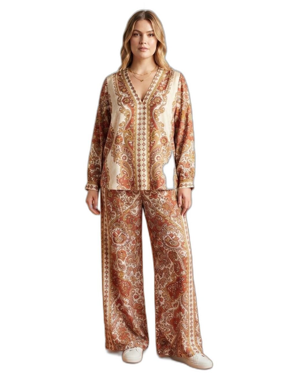 NWOT JM Collection 2Pc floral paisley boho set V-neck blouse 0X wide leg pants L